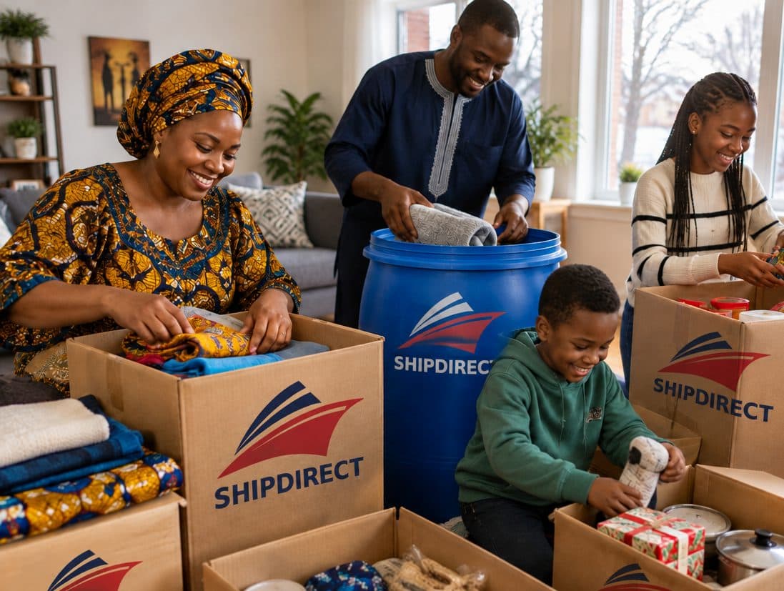 A family packing boxes and a barrel to ship to Senegal